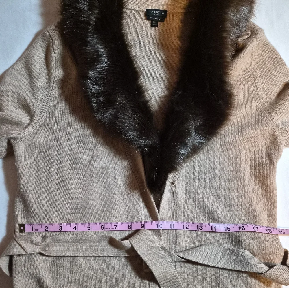 Talbots Petites 100% Merino Wool Cardigan with Faux Fur Collar LP Tan Belted - Picture 6 of 11
